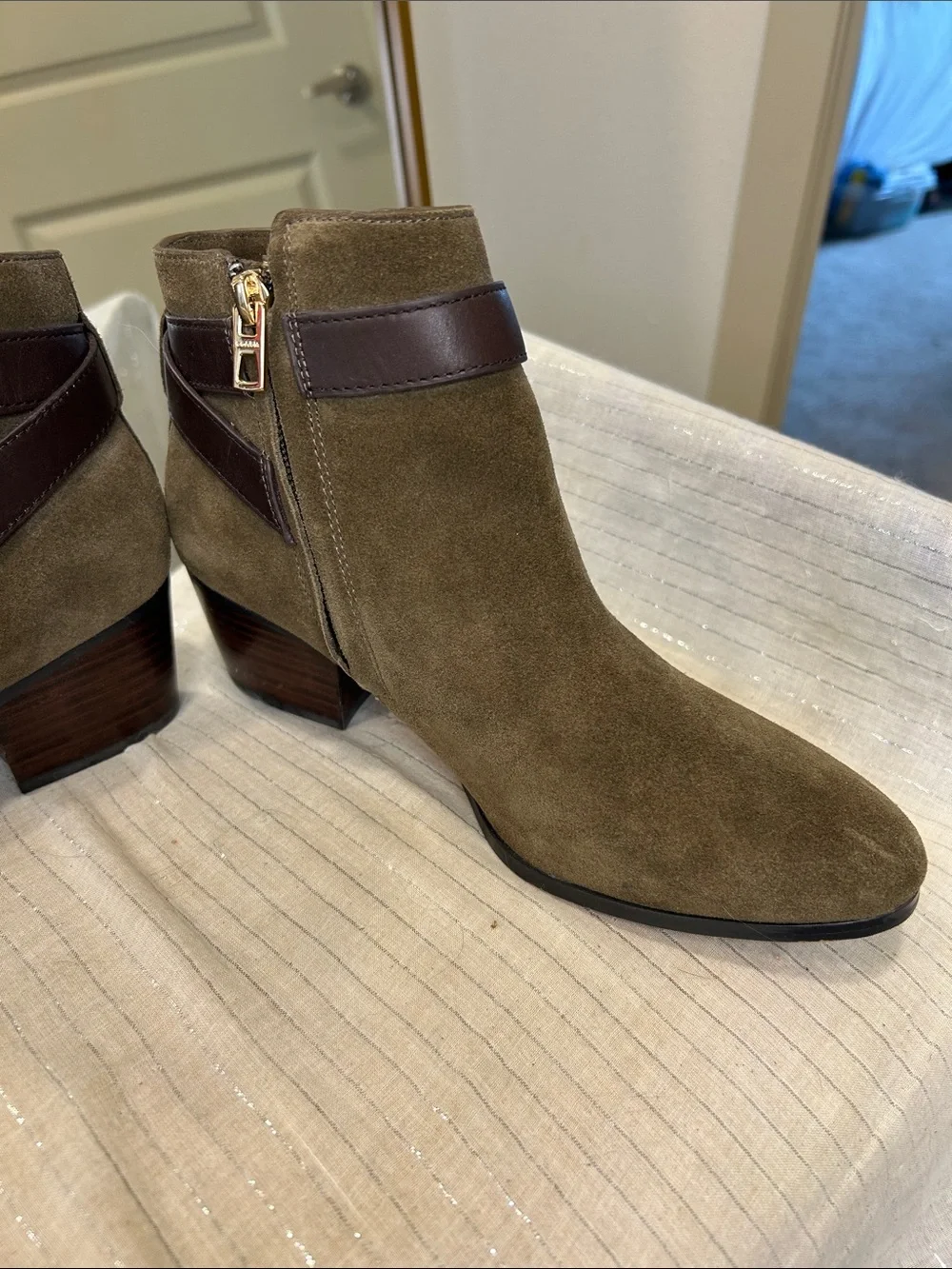 Coach Patricia Suede Ankle Booties – Fatigue Green / Chestnut